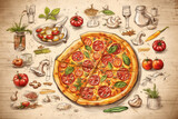 Detailed illustration showcasing pizza with fresh tomatoes, basil, surrounded by various ingredients and culinary elements on rustic background.