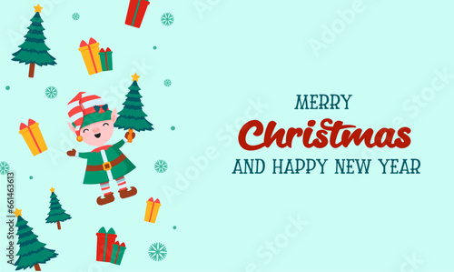 Cute Christmas elves. Happy New Year, banner, flayer, leaflet, poster. Vector illustration
