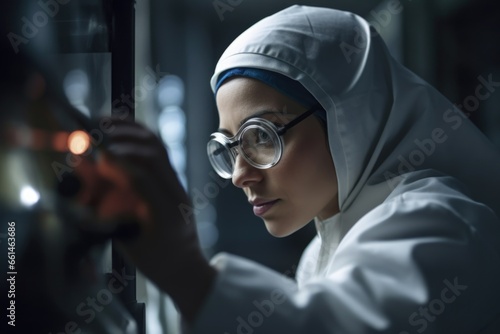 A Muslim woman scientist student wearing a lab coat and safety goggles, conducting experiments in a high-tech laboratory. Contribution to scientific research and innovation.