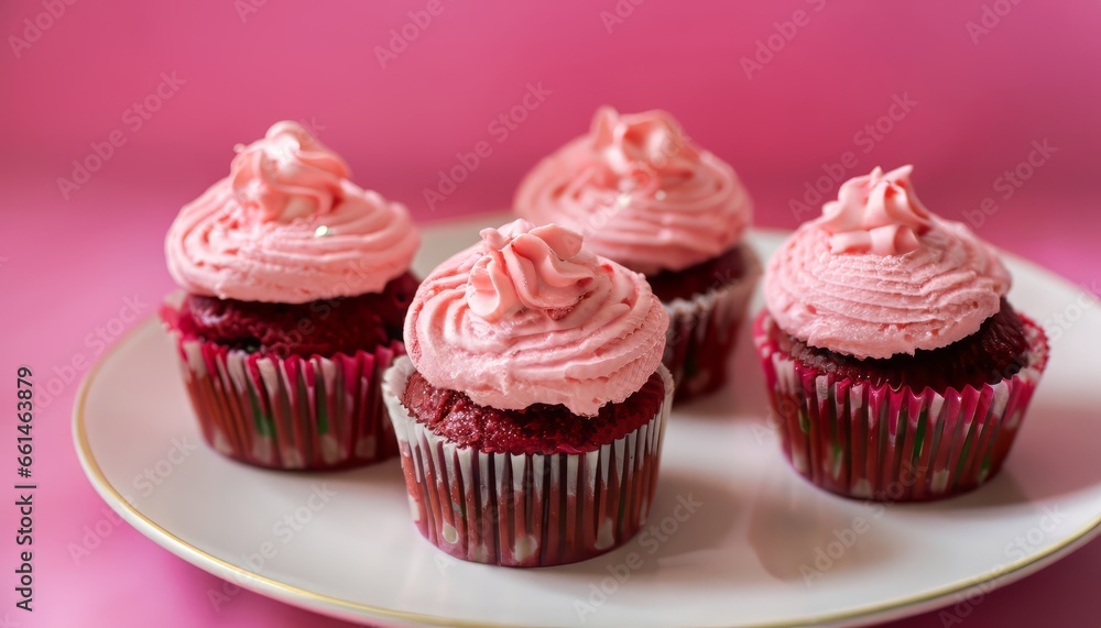 Pink cupcakes on a plate, pink background