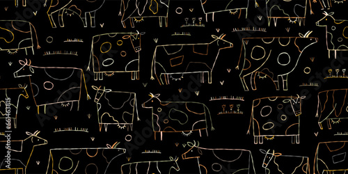 Stylish Ethnic Cows family on meadow. Seamless pattern background on black. Vector Illustration