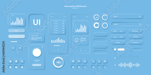 The user interface elements for the mobile app are blue. User interface icons for the internet, social networks, and business. Neumorphic UI UX design collection. Vector illustration.