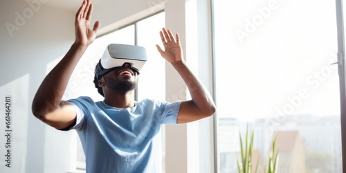 vr augmented virtual experience 3d digtal cyber world cheerful exited male man wear vr headset enjoy technology future entertainment lifestyle