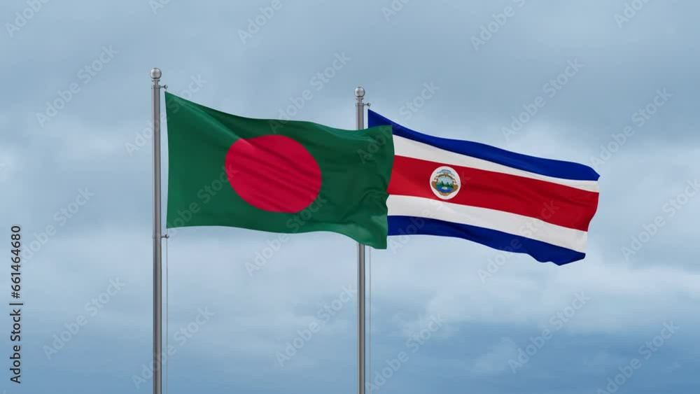 Costa Rico and Bangladesh flag waving together on cloudy sky, endless seamless loop, two country cooperation concept Costa Rico and Bangladesh flag waving together on cloudy sky, endless seamless loop, two country cooperation concept