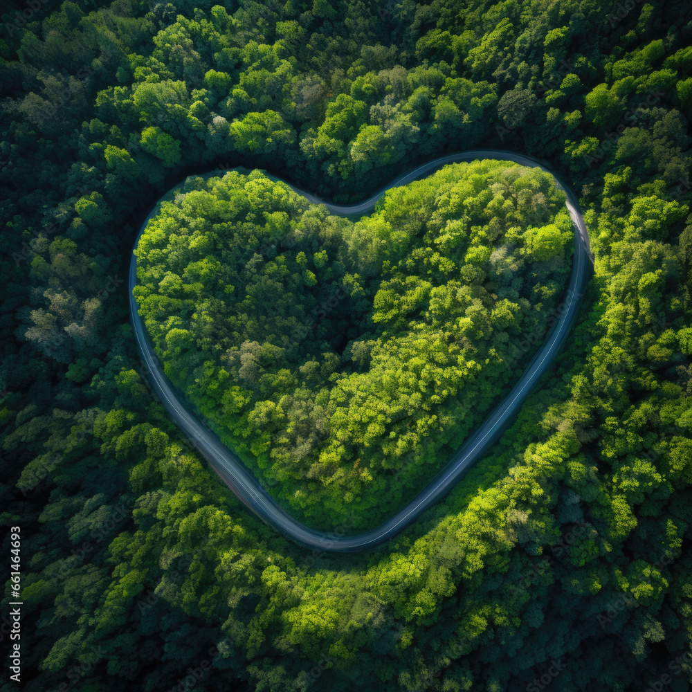 Top view of dark green forest landscape wallpaper art. Aerial natural scene of pine trees and asphalt road form of a heart