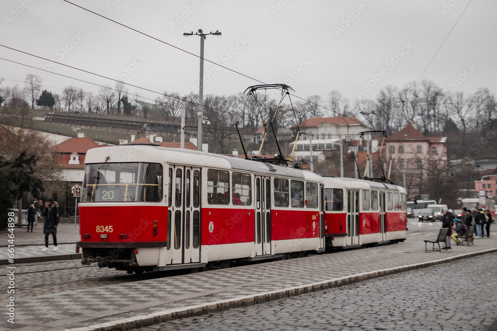 Prague historical tram in Pictures in winter time