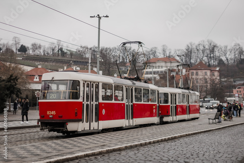 Prague historical tram in Pictures in winter time