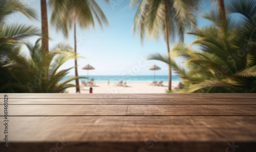 Wooden table top for product placement in front of beautiful tropical beach.