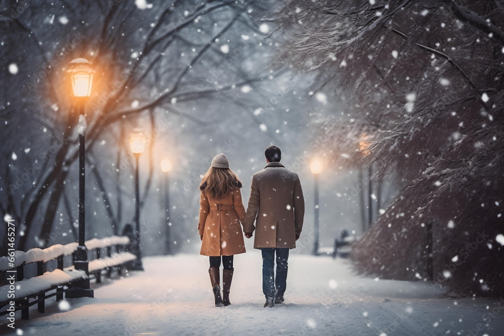 A man and a girl walk through a snowy park against a backdrop of snowfall on Christmas Eve. Deserted winter streets. Holiday photo