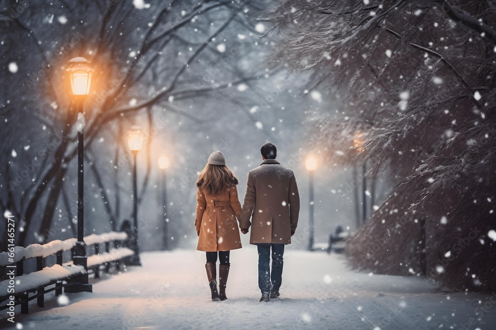 A man and a girl walk through a snowy park against a backdrop of snowfall on Christmas Eve. Deserted winter streets. Holiday photo A man and a girl walk through a snowy park against a backdrop of snowfall on Christmas Eve. Deserted winter streets. Holiday photo