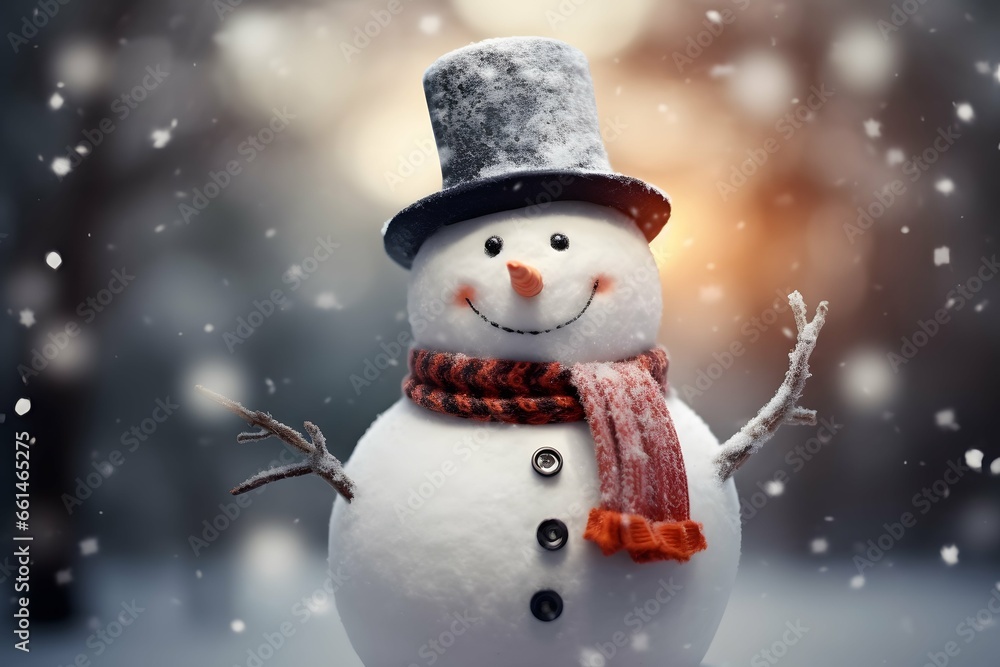 Snowman standing against a background of blurry forest and snowfall. Bokeh background. Holiday Christmas atmosphere