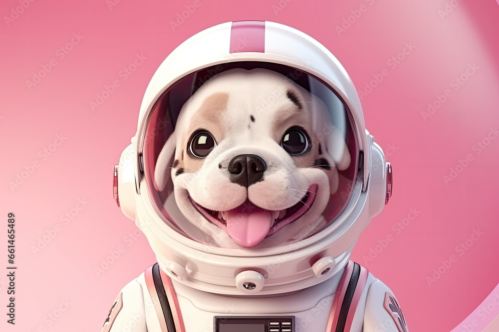 Petfluencers - Our Loyal Friend Sets Off as an Astronaut into Outer Space on Pink Background - obrazy, fototapety, plakaty 