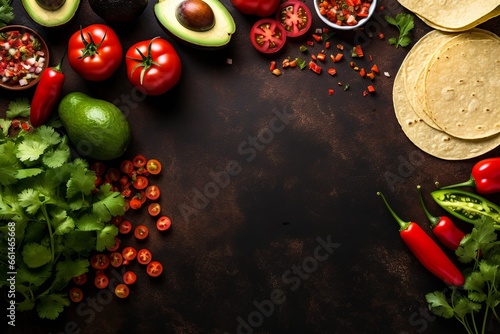 An enticing flat lay of Mexican cuisine, featuring tacos, avocados, and peppers, arranged thoughtfully with the vibrant colors of the Mexican flag, providing ample empty space.