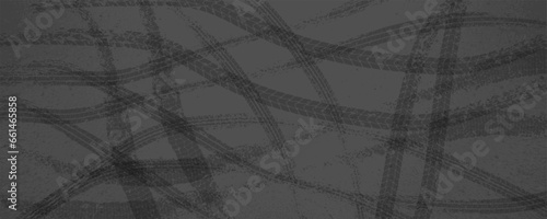 Parallel tire skid marks on a dark gray asphalt road. Abstract vector background with grunge texture