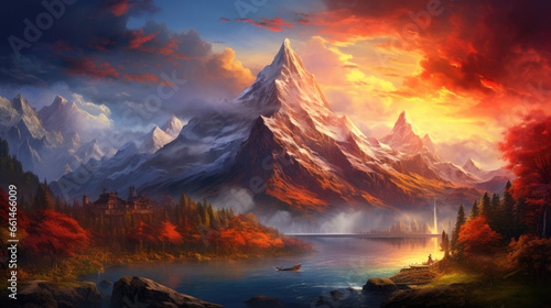 Majestic Mountain Sunset Landscape Illustration 