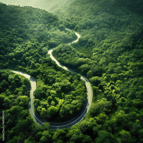 Aerial view of a forest road. Aerial view of a provincial road passing through a forest.