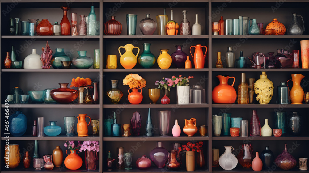 A shelf filled with lots of different colored vases