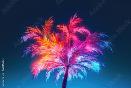 Mystical tropical paradise painted in hues of pink and blue, with radiant palm trees and luminescent flowers against a dreamy sky.