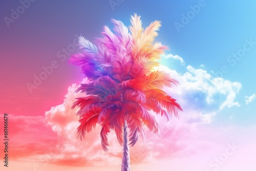 Vibrant palm tree illuminated with neon colors, set against contrasting pink and blue sky. Surrealistic tropical depiction with dreamy undertones. © Postproduction