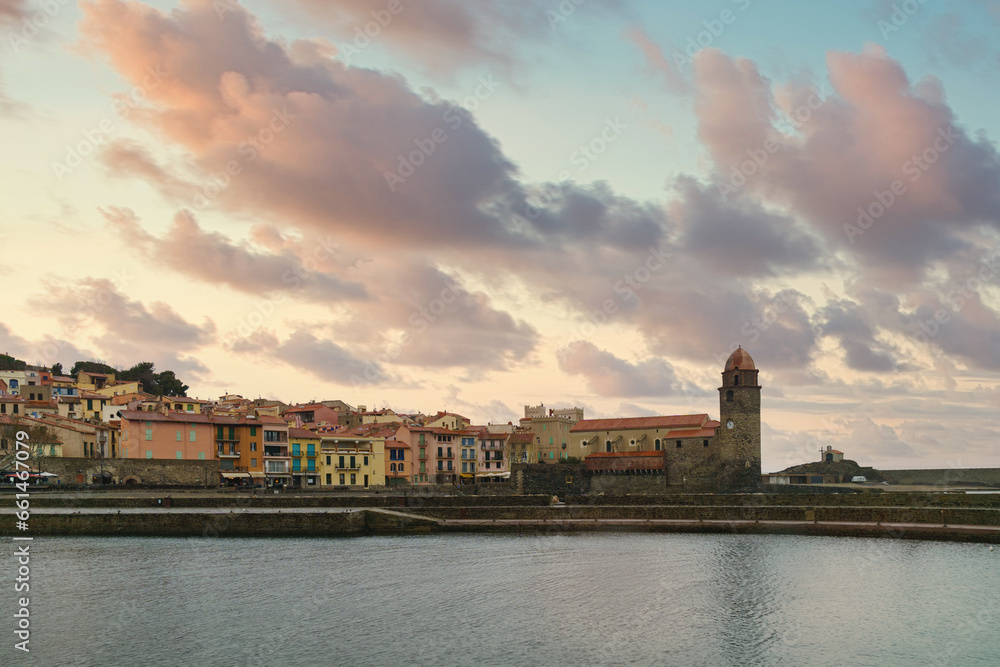 Majestic cloudy sky sunset wallpaper. Panorama of Collioure, a coastal village in the south of France, Mediterranean Sea, Languedoc Roussillon, Pyrenees Orientales.