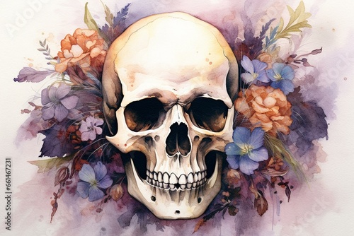 Halloween-themed art featuring a skull and flowers, rendered in watercolor. Generative AI