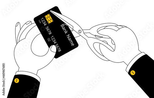 A hand with scissors cuts a credit card. Vector illustration in cartoon style. Destroying and reissuing credit cards.