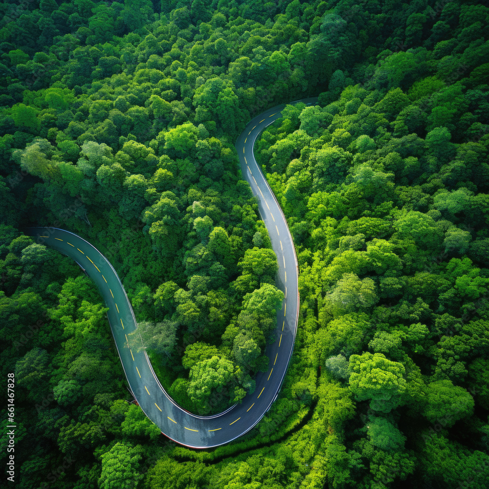 Aerial top view rural road in the forest, Aerial view road in nature, Ecosystem and healthy environment