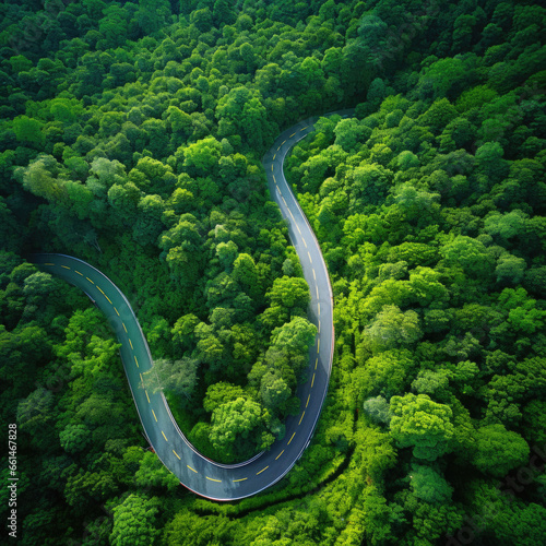 Aerial top view rural road in the forest, Aerial view road in nature, Ecosystem and healthy environment