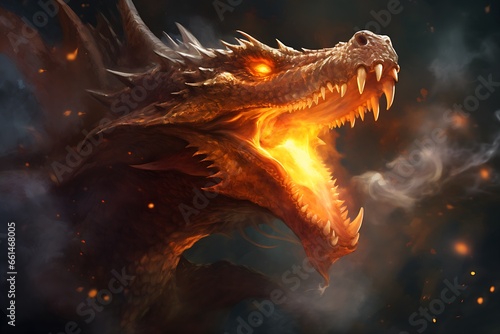 Head of a fire spitting dragon with a dark background photo