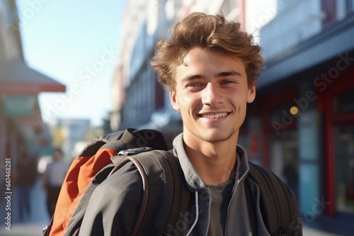 Young student man with backpack at outdoors