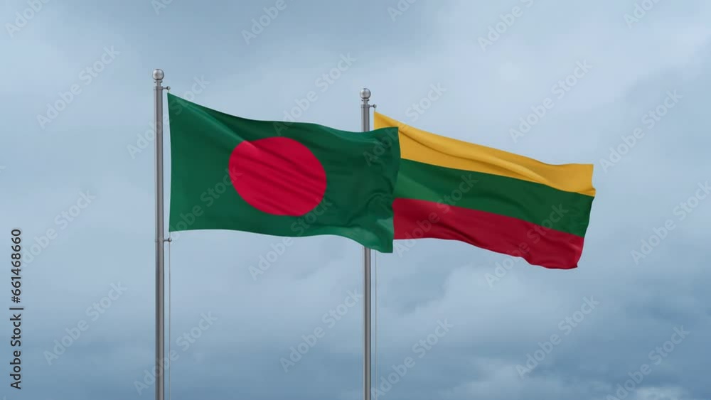 Lithuania flag and Bangladesh flag waving together on cloudy sky, endless seamless loop, two country relations concept Lithuania flag and Bangladesh flag waving together on cloudy sky, endless seamless loop, two country relations concept