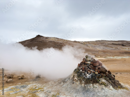 Panoramic view of geothermal active zone cin Iceland near Myvatn lake. Geothermal area in Iceland.