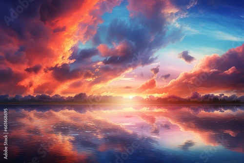Vibrant sunset with pink and blue sky, clouds, and distant sun. Generative AI © Dmytro