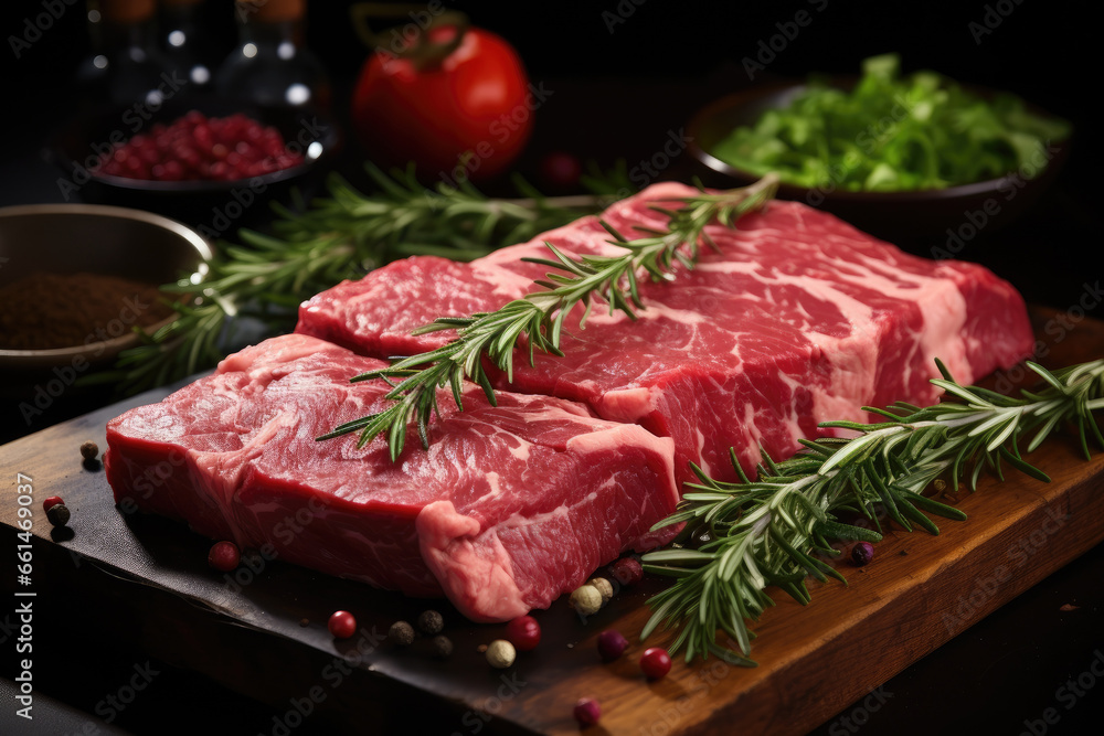 raw beef steak with herbs on the table raw beef steak with herbs on the table