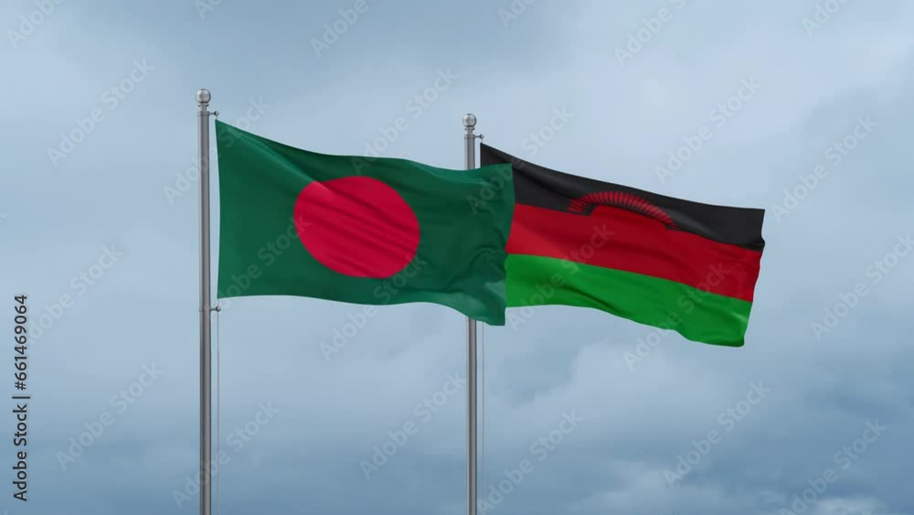 Malawi flag and Bangladesh flag waving together on cloudy sky, endless seamless loop, two country relations concept Malawi flag and Bangladesh flag waving together on cloudy sky, endless seamless loop, two country relations concept