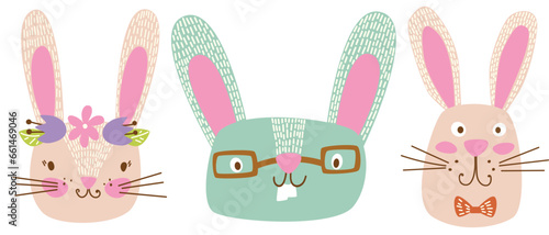 vector happy easter clipart hand drawn easter bunny, isolated cute spring cartoon character set, pastel easter animals clip art bundle pink girlish childish easter bunnies cute rabbit hare collection