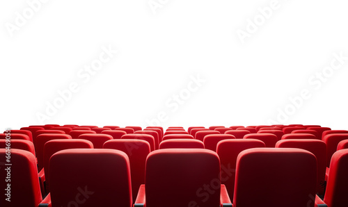 Rows of red cinema or theatre seats against a plain background