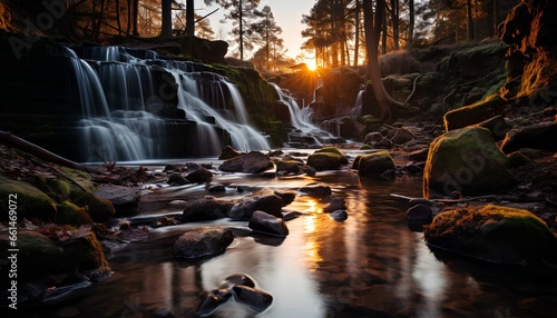 waterfall in the forest. Sunset in the Green forest in the spring. Waterfall in the summer. Lush greenery and blue sky. Beautiful nature and plants