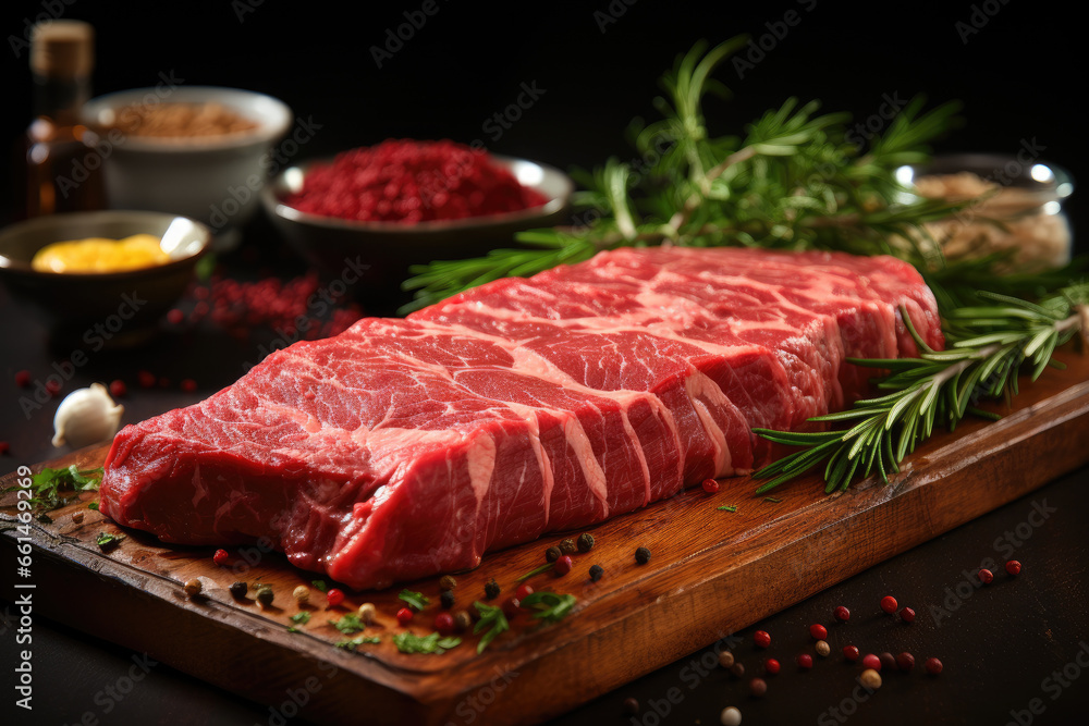 raw beef steak with rosemary