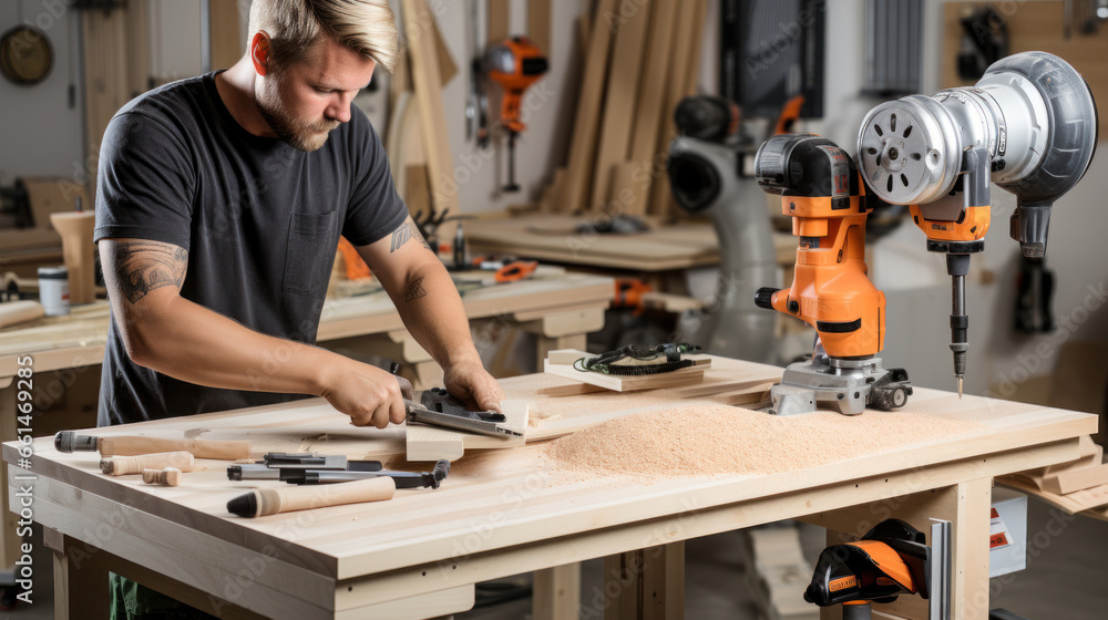 Carpenter working in his workshop, using a circular saw. Carpenter working in his workshop, using a circular saw.