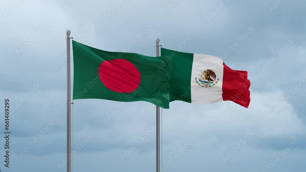 Mexico flag and Bangladesh flag waving together on cloudy sky, endless seamless loop, two country relations concept Mexico flag and Bangladesh flag waving together on cloudy sky, endless seamless loop, two country relations concept