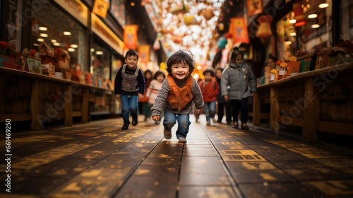 Little boy running in the street at Christmas market, Japan.
