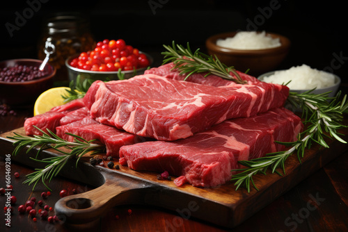 raw beef steak with vegetables on the table