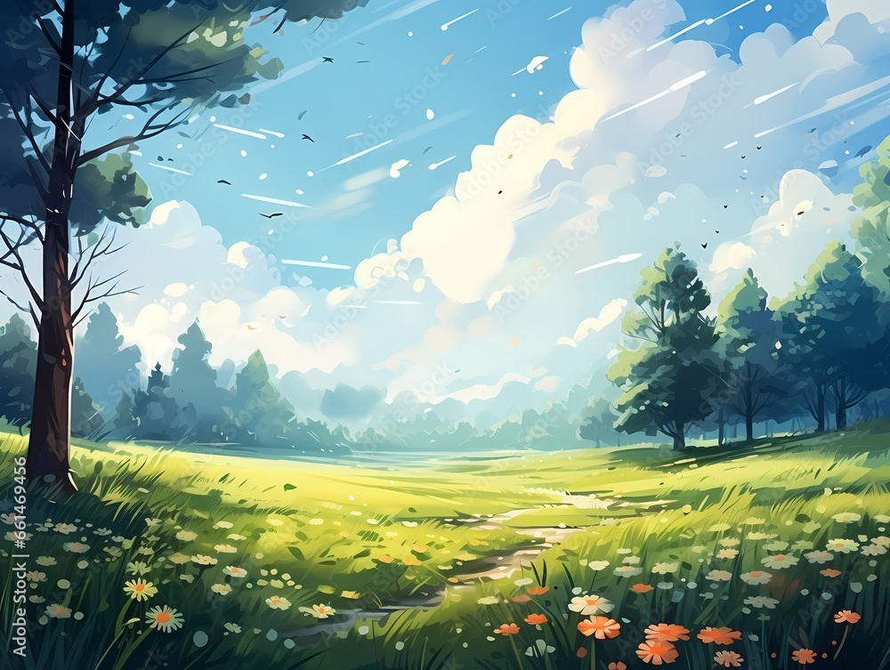 A Field Of Flowers And Trees