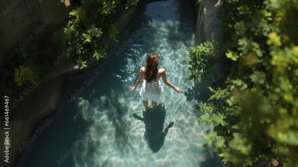 Young woman in a white dress in a swimming pool. View from above. Young woman in a white dress in a swimming pool. View from above.