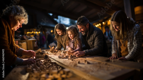  Family working with wood in garage at home. Daddy's daughters.