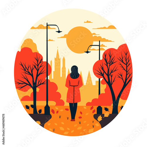 
Autumn Park. Young girl walking in the park in autumn. Cartoon vector illustration