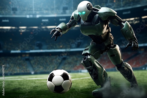 A robot playing soccer in a stadium
