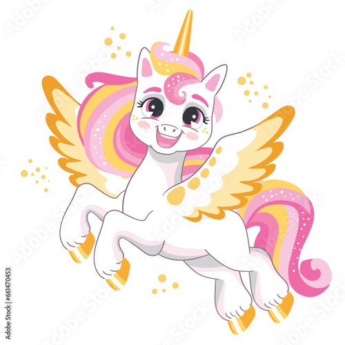 Cute cartoon character wingled shiny unicorn vector Illustration
