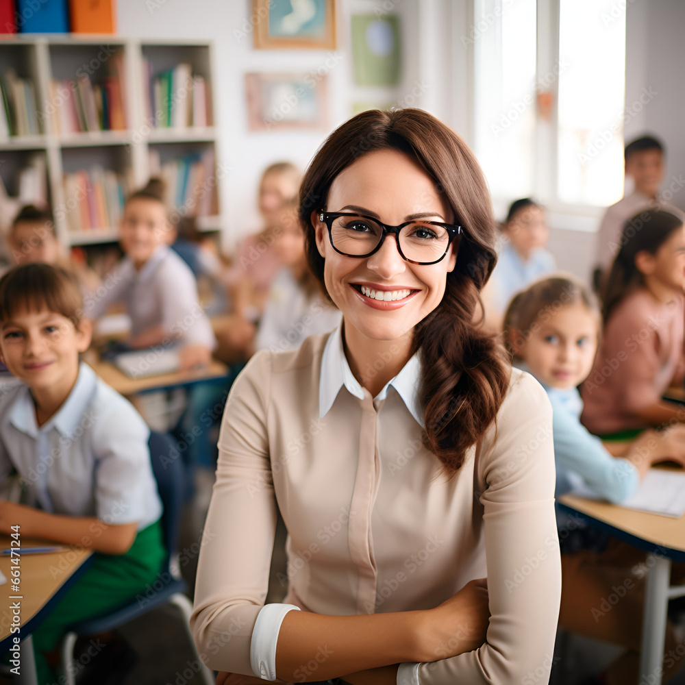 Woman teacher and students in classroom, Generative AI Woman teacher and students in classroom, Generative AI
